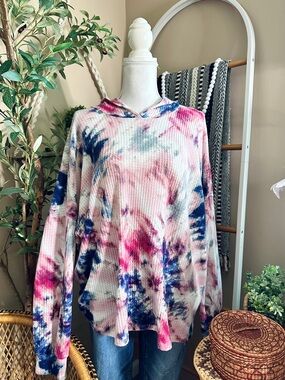 Ava James 2X Boho Tie Dye Waffle Knit Hooded Pullover Top